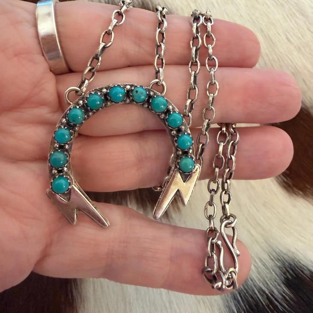 ❤️ Kingman Turquoise Lightning Horseshoe Pendant 22” ADJ Necklace 17.1G Unisex